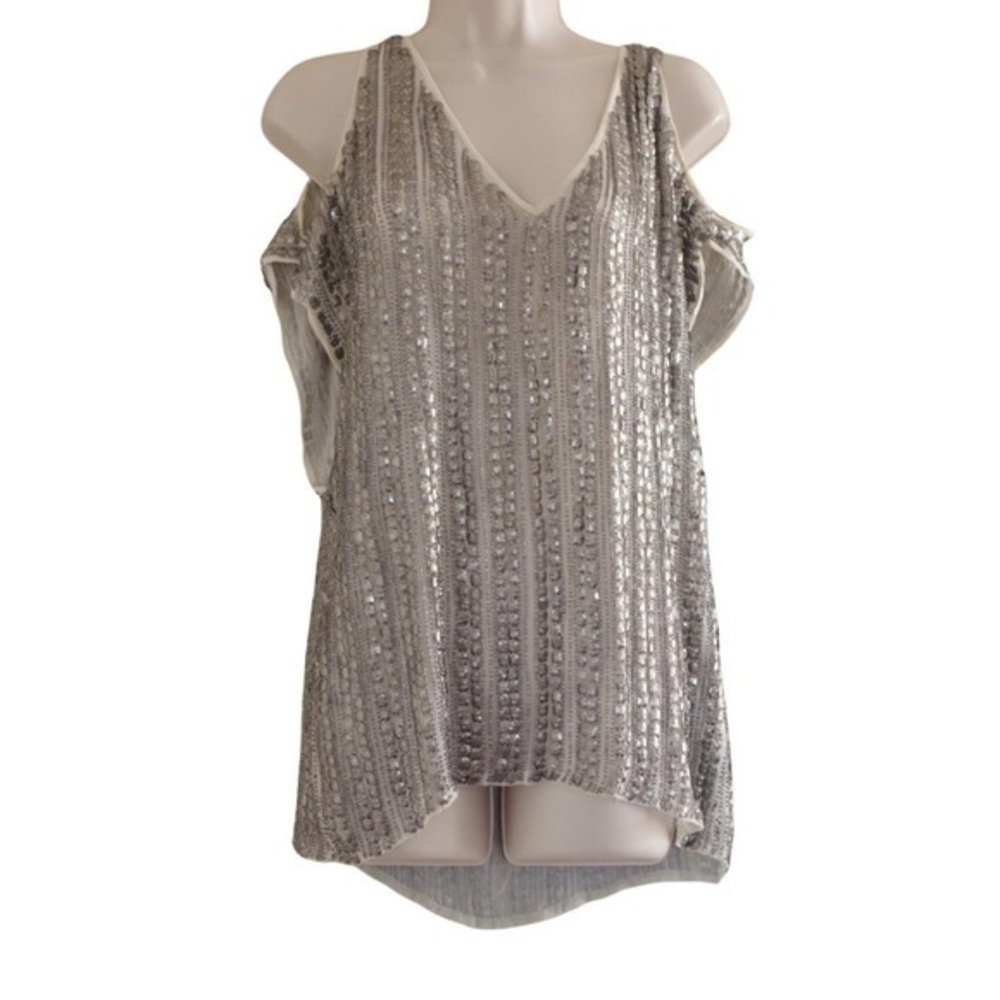 Parker Cold Shoulder Sequin Bohemian Embellished Silver Top Size Small
